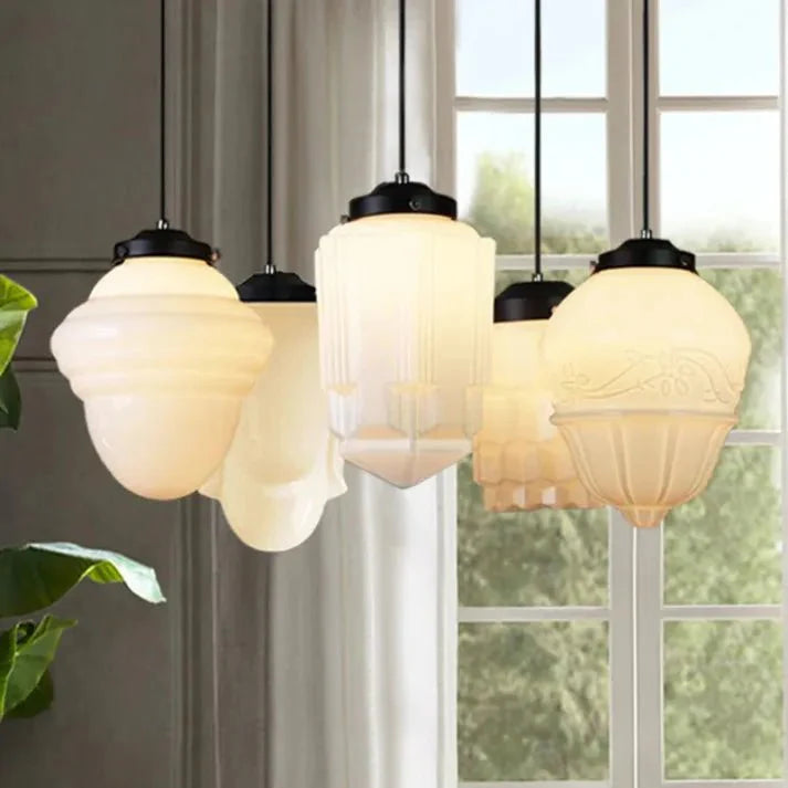 Vintage biała mleczna szklana geometryczna lampa wisząca