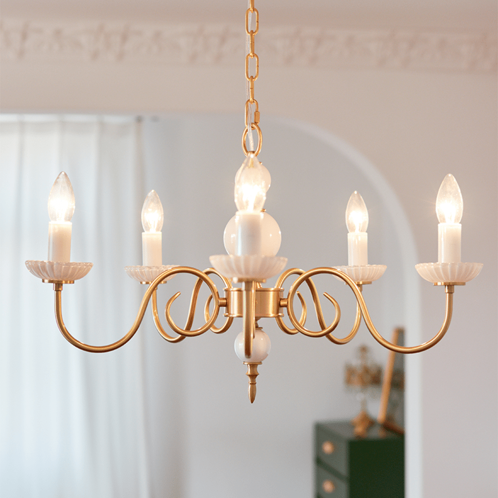 Kremowy szklany żyrandol amerykański retro metalowy żyrandol lampa sypialniana