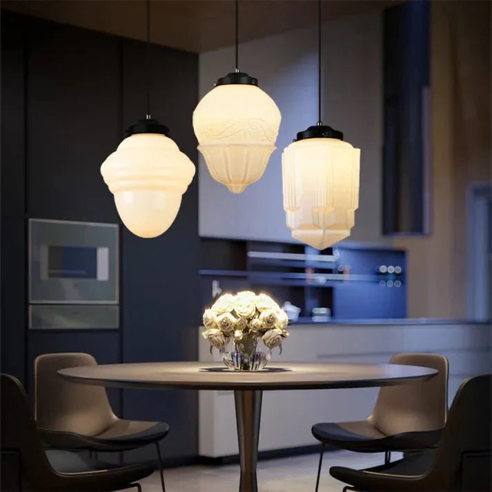 Vintage biała mleczna szklana geometryczna lampa wisząca