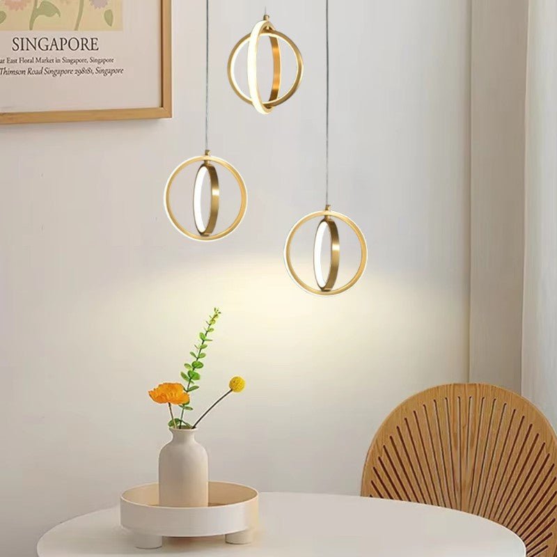Złota Geometria Lampa Wisząca 2-Pierścieniowa LED w Mosiądzu