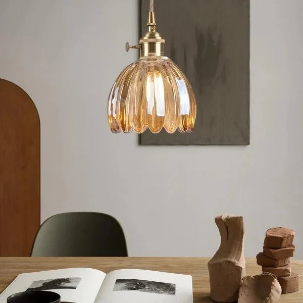 Japońska Retro Szklana Lampa Wisząca w Kształcie Kwiatu