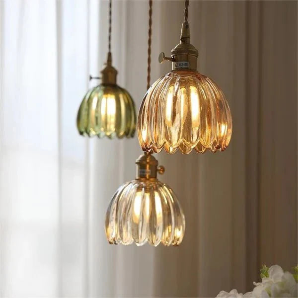 Japońska Retro Szklana Lampa Wisząca w Kształcie Kwiatu