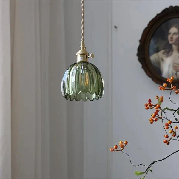 Japońska Retro Szklana Lampa Wisząca w Kształcie Kwiatu