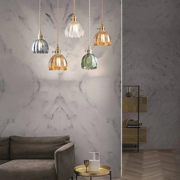 Japońska Retro Szklana Lampa Wisząca w Kształcie Kwiatu